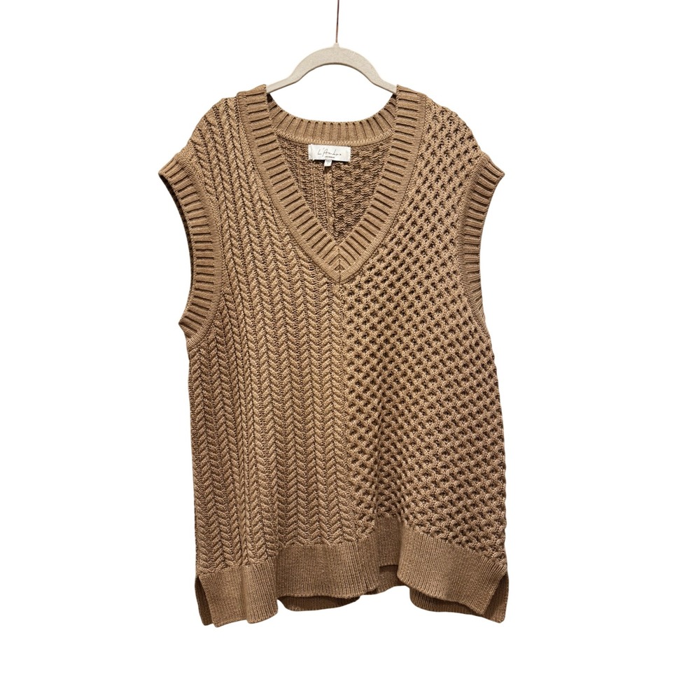 NEW $178 L'Academie Los Angeles Tan V Neck‎ Cable Knit Mesh Sweater Vest Women S - Picture 2 of 7
